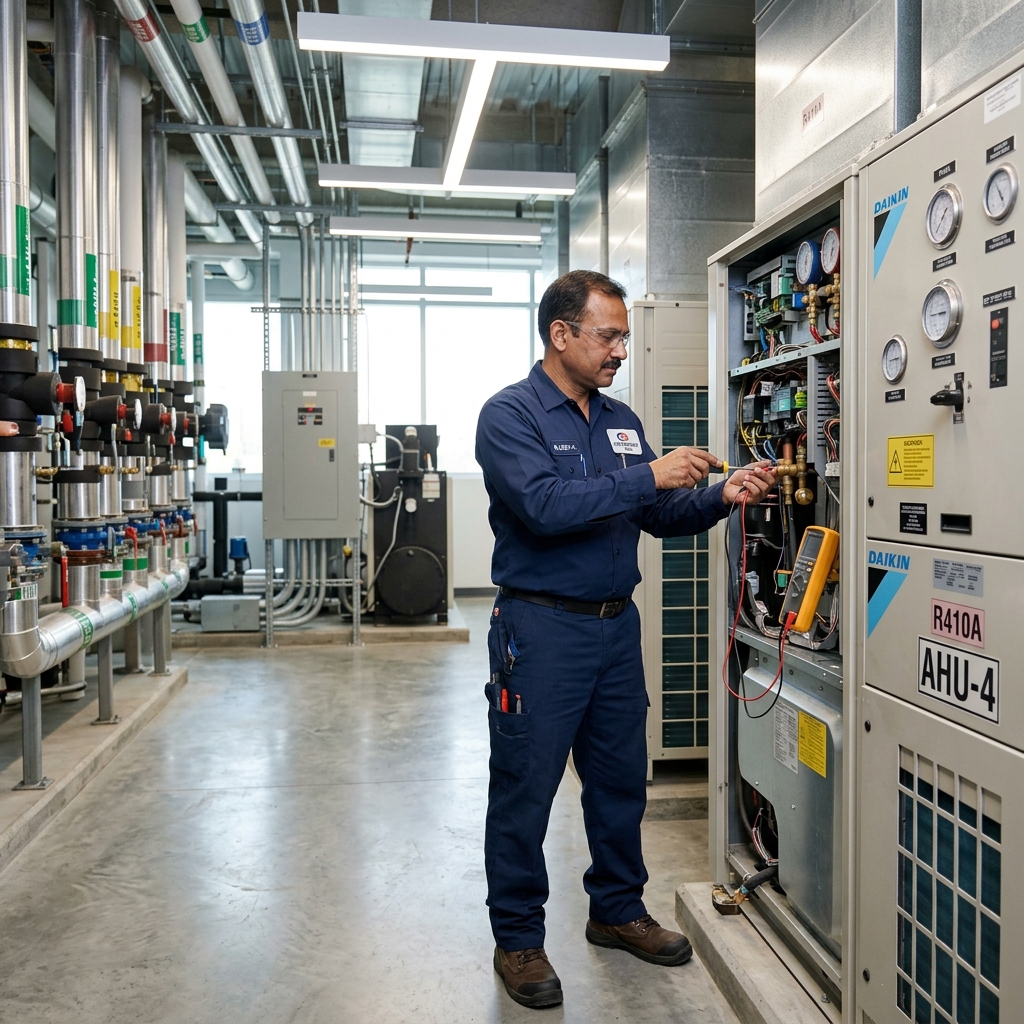 Indian HVAC Technician Inspecting Panels