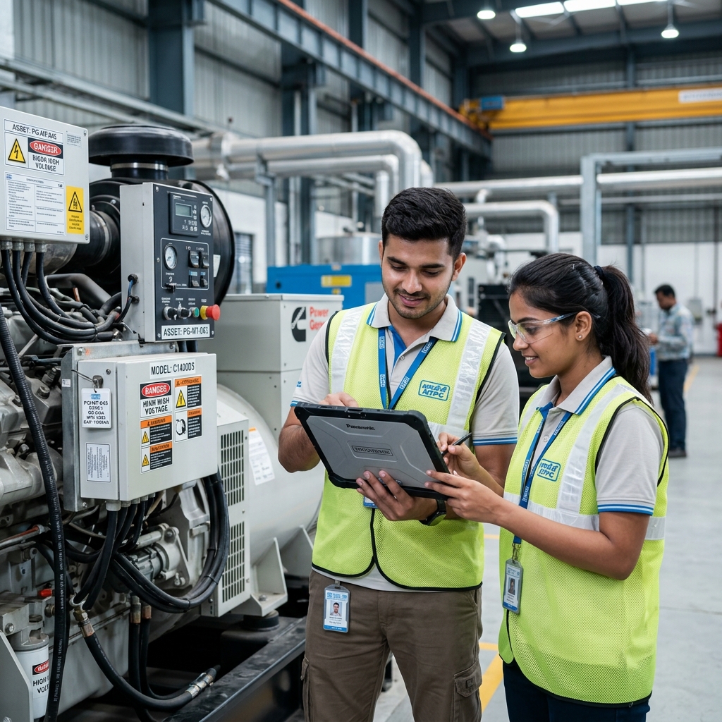Indian Engineers Reviewing Equipment Status on Tablet
